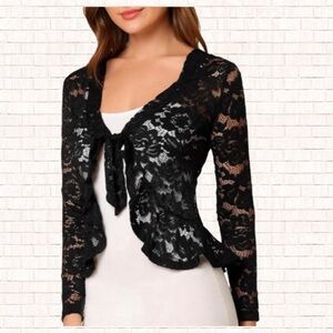 INSPIRE CHIC Tie Front Ruffle Hem Floral Lace Sheer Bolero Shrug Black XL NWT